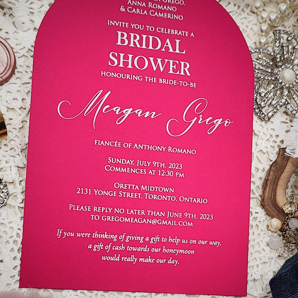 Invitation 8400:  - Azalea arch bridal shower invite with white print