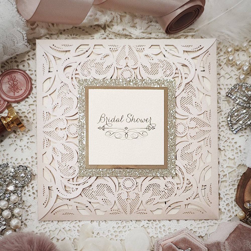 Invitation 8402: Blush Shimmer, Gold Mirror - four flap lasercut bridal shower invite with double layered tag