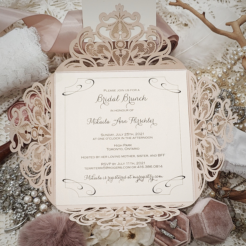 Invitation 8402: Blush Shimmer, Gold Mirror - four flap lasercut bridal shower invite with double layered tag