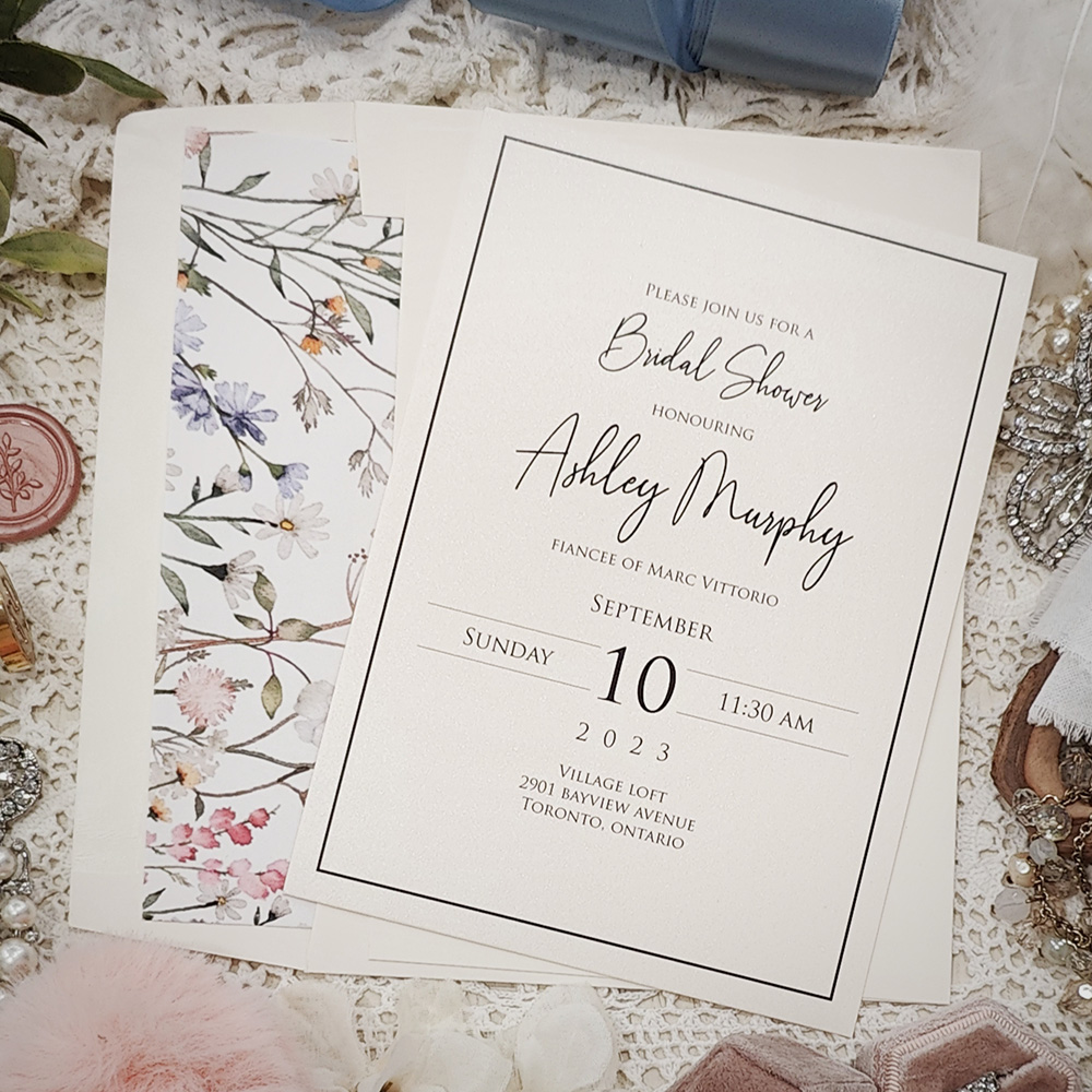 Invitation 8404: White Gold - bridal shower invite on antique pearl with line border