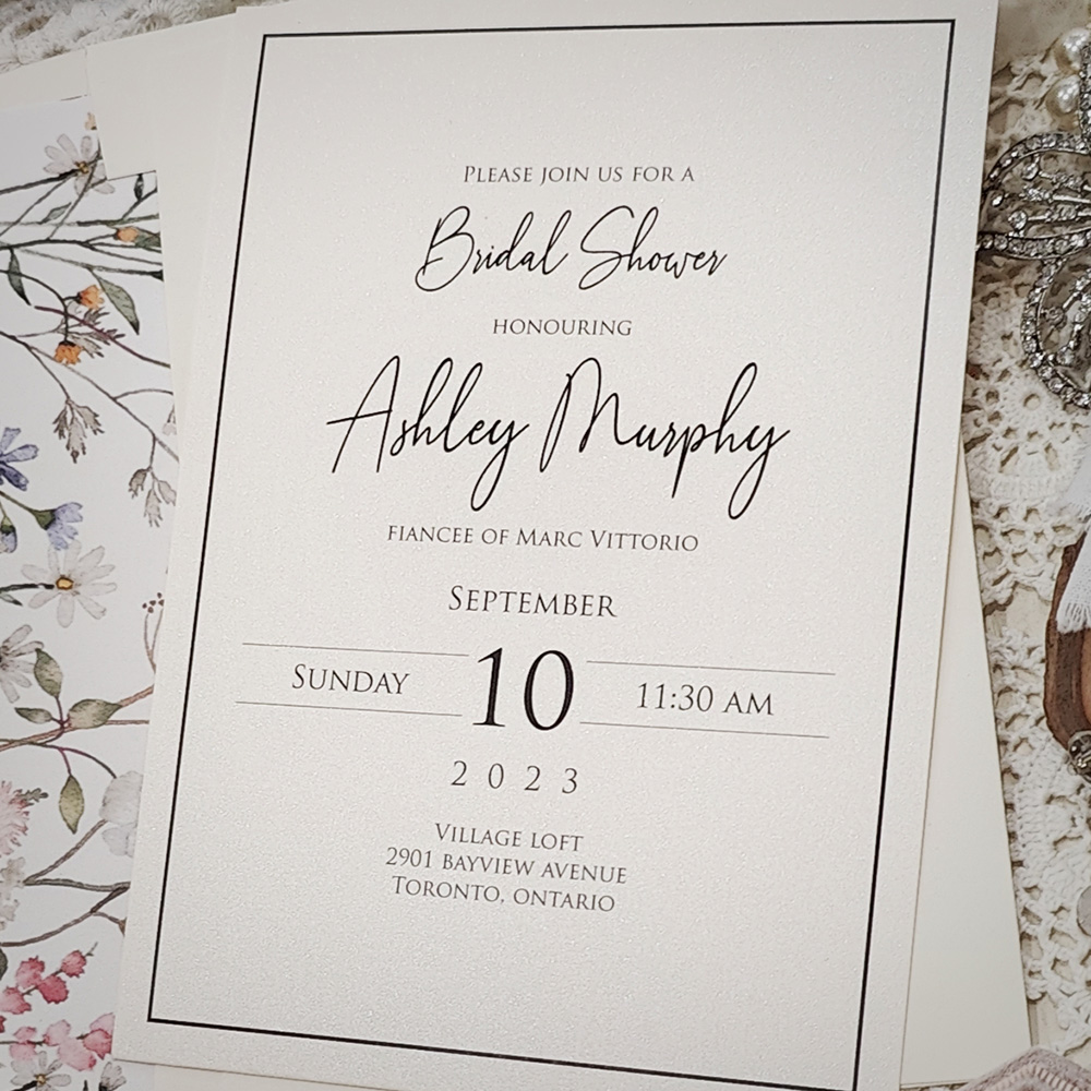Invitation 8404: White Gold - bridal shower invite on antique pearl with line border