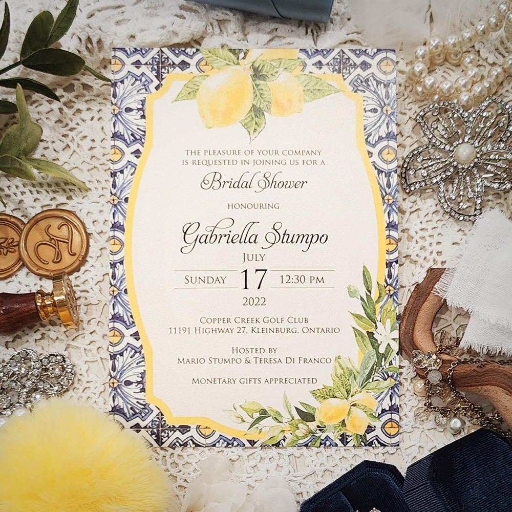 Invitation 8405: White Gold - lemon theme bridal shower full color print
