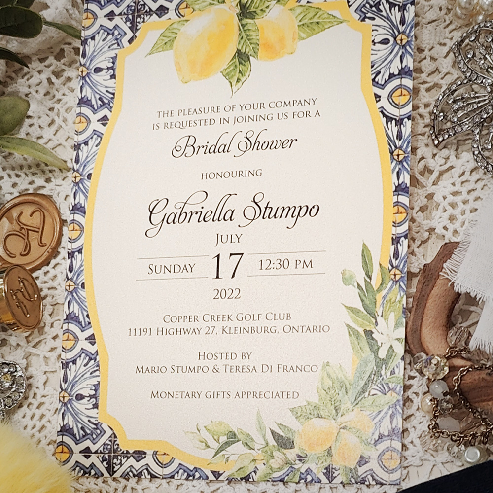 Invitation 8405: White Gold - lemon theme bridal shower full color print
