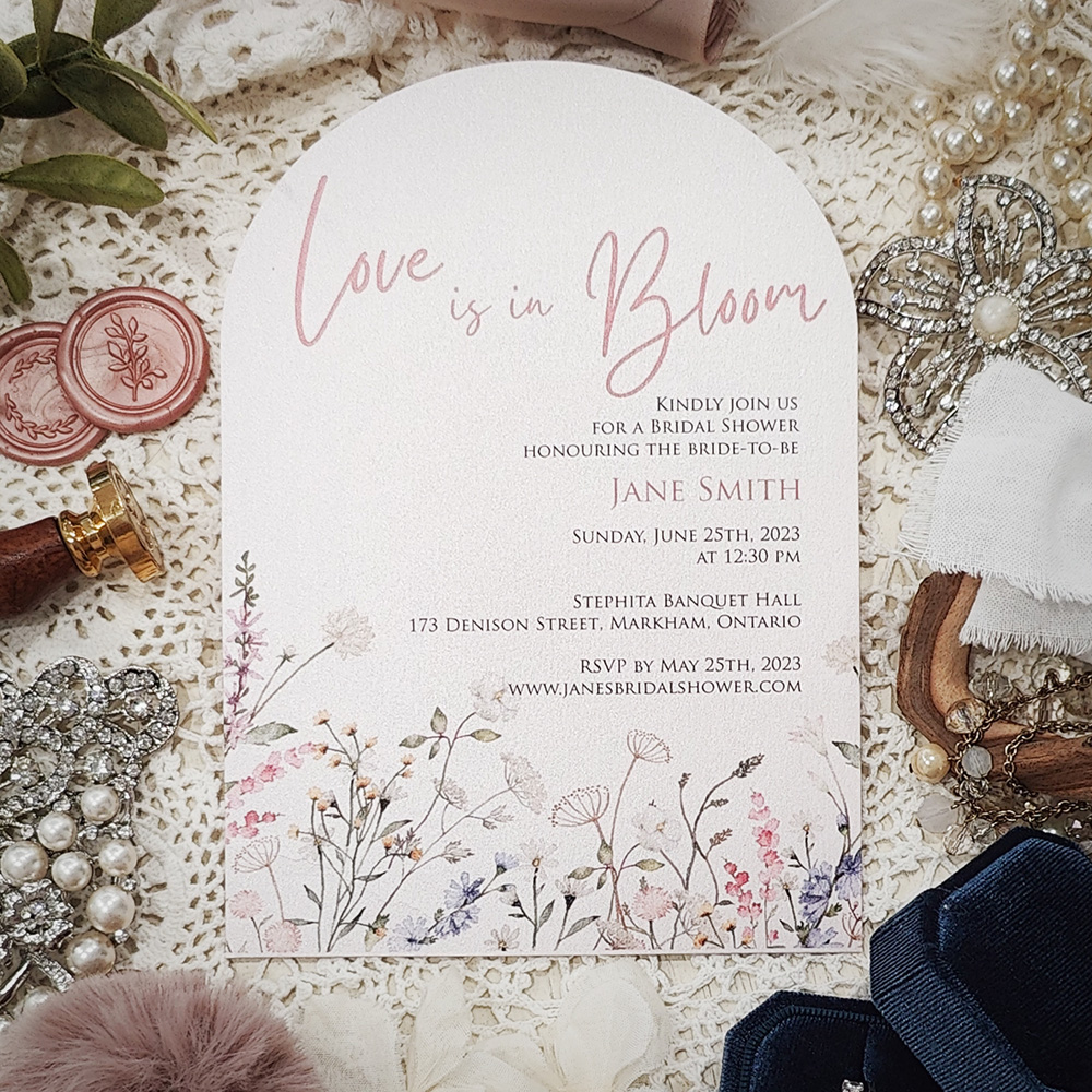 Invitation 8406: Matte White - arched light pink pearl floral bridal shower invite