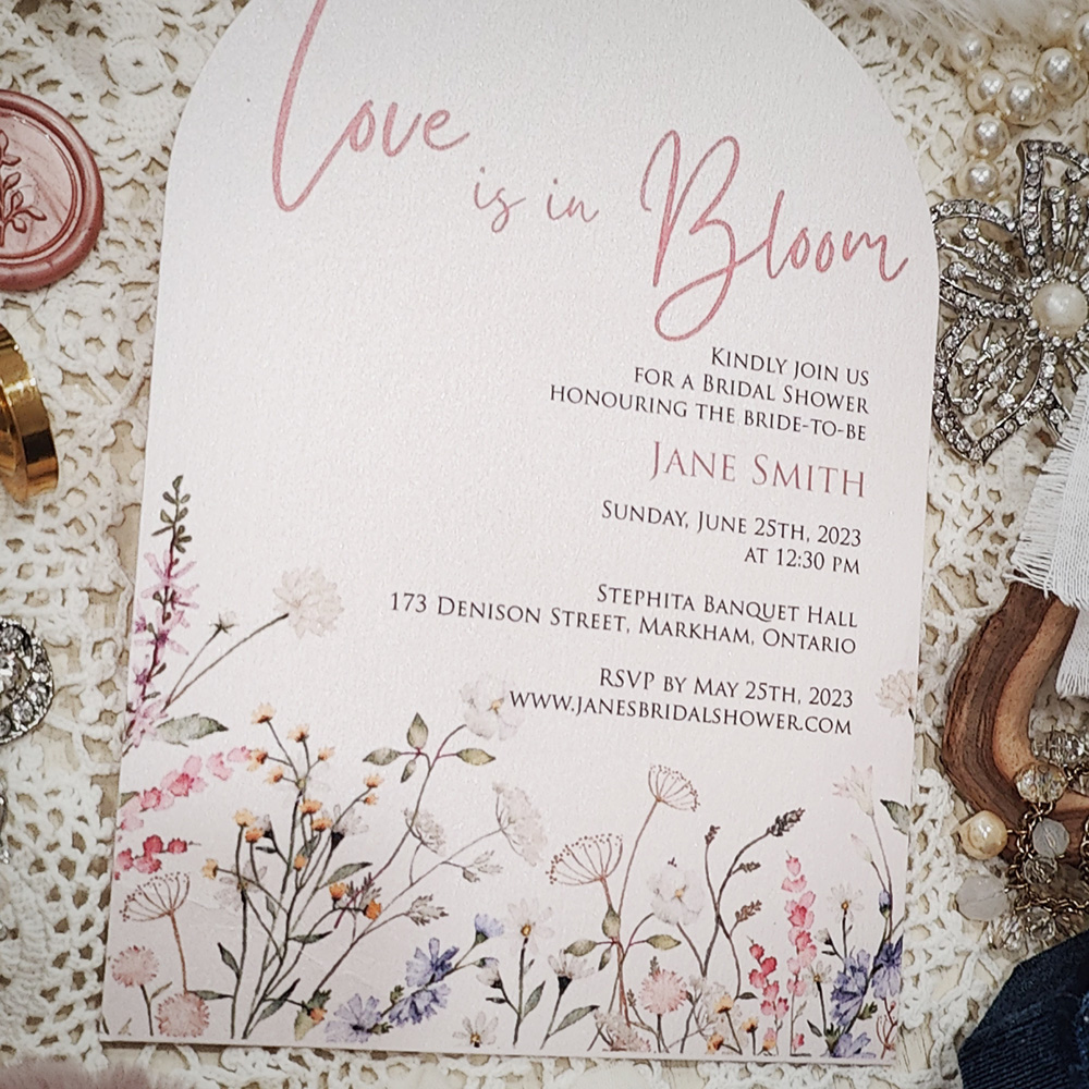 Invitation 8406: Matte White - arched light pink pearl floral bridal shower invite