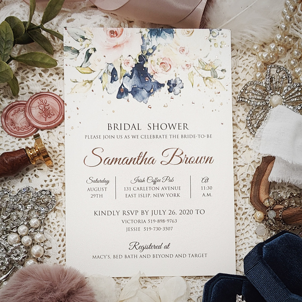 Invitation 8407: Ivory Pearl - rose gold foil on ivory shimmer floral bridal shower invite