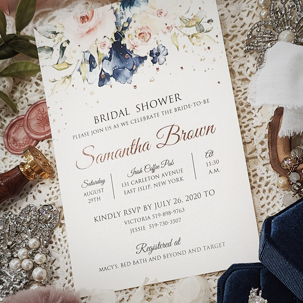 Invitation 8407: Ivory Pearl - rose gold foil on ivory shimmer floral bridal shower invite