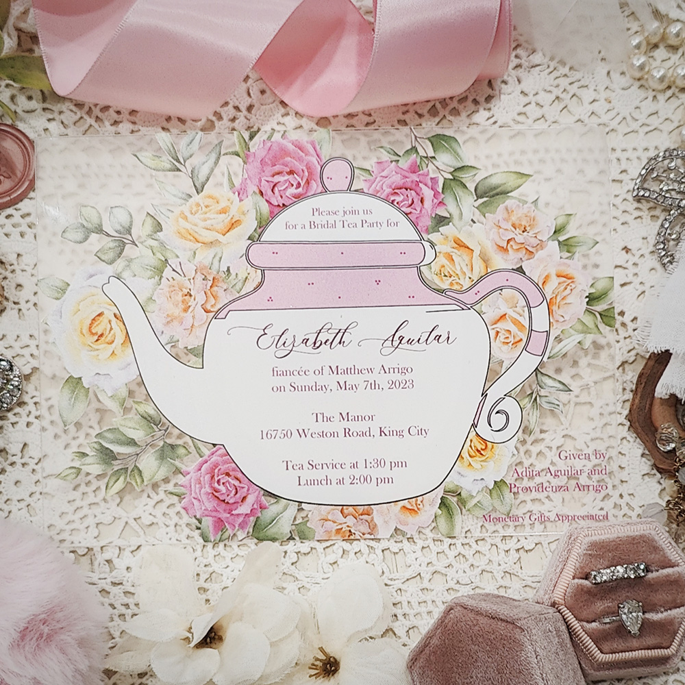 Invitation 8408: Acrylic - Clear - clear acrylic teapot floral bridal shower invite