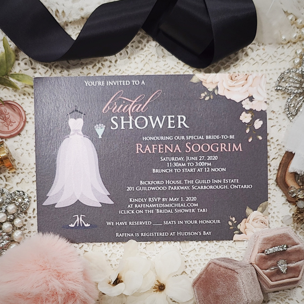 Invitation 8409: Matte Cream - Full color printed black bridal shower dress design with white print