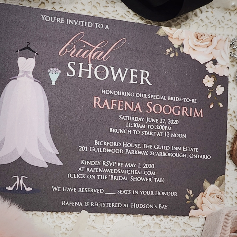 Invitation 8409: Matte Cream - Full color printed black bridal shower dress design with white print