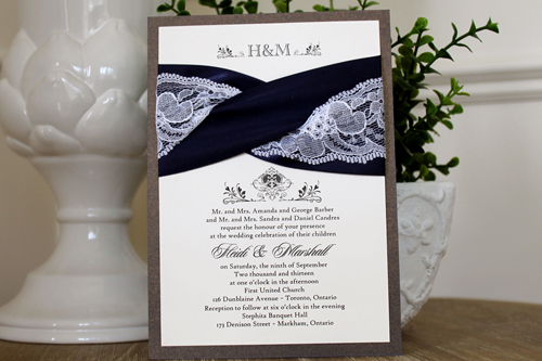 Invitation 1101: Colbalt Pearl, Cream Smooth, Navy Ribbon, Navy Ribbon, White Lace - Layered invitation with a cobalt pearl backing and navy and lace detail