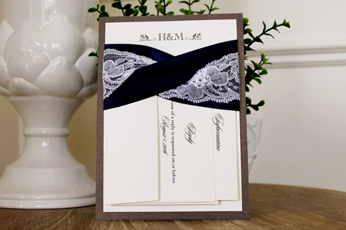 Invitation 1101: Colbalt Pearl, Cream Smooth, Navy Ribbon, Navy Ribbon, White Lace - Layered invitation with a cobalt pearl backing and navy and lace detail