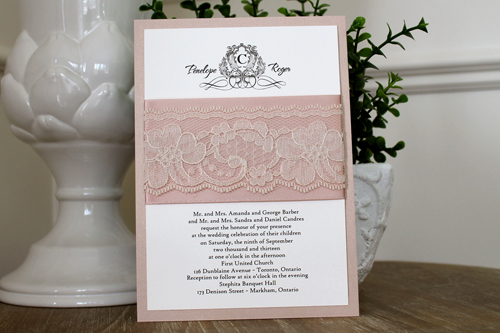 Invitation 1102: Blush Pearl, Cream Smooth, Deep Blush Ribbon, Deep Blush Ribbon, Cream Lace - Blush pearl layered invite with a blush ribbon and cream lace band.