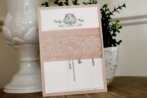 Invitation 1102: Blush Pearl, Cream Smooth, Deep Blush Ribbon, Deep Blush Ribbon, Cream Lace - Blush pearl layered invite with a blush ribbon and cream lace band.