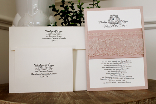 Invitation 1102: Blush Pearl, Cream Smooth, Deep Blush Ribbon, Deep Blush Ribbon, Cream Lace - Blush pearl layered invite with a blush ribbon and cream lace band.