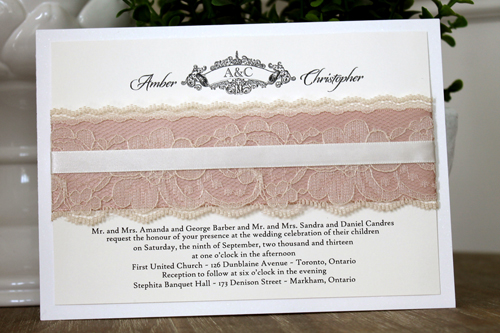 Invitation 1103: Antique Pearl, Cream Smooth, Deep Blush Ribbon, Antique Ribbon, Cream Lace - Landscape card that is layered with a deep blush and antique ribbon bands