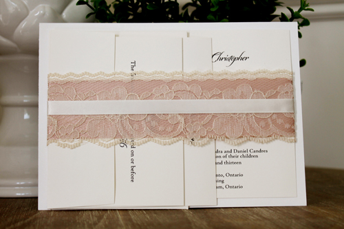 Invitation 1103: Antique Pearl, Cream Smooth, Deep Blush Ribbon, Antique Ribbon, Cream Lace - Landscape card that is layered with a deep blush and antique ribbon bands