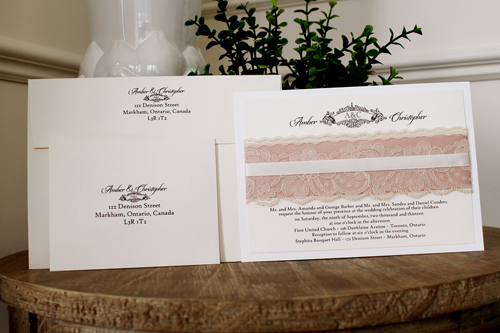 Invitation 1103: Antique Pearl, Cream Smooth, Deep Blush Ribbon, Antique Ribbon, Cream Lace - Landscape card that is layered with a deep blush and antique ribbon bands