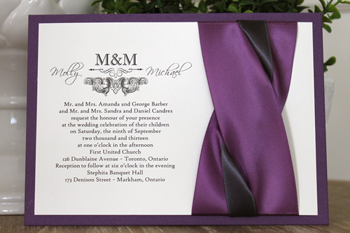 Invitation 1104: Purple Pearl, Cream Smooth, Grape Ribbon, Grape Ribbon, Deep Charcoal Ribbon - Purple pearl layered invite with a grape and charcoal ribbon twist Invitation 1104: Purple Pearl, Cream Smooth, Grape Ribbon, Grape Ribbon, Deep Charcoal Ribbon - Purple pearl layered invite with a grape and charcoal ribbon twist