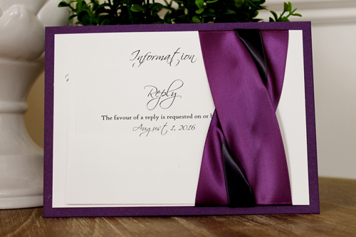 Invitation 1104: Purple Pearl, Cream Smooth, Grape Ribbon, Grape Ribbon, Deep Charcoal Ribbon - Purple pearl layered invite with a grape and charcoal ribbon twist