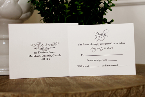 Invitation 1104: Purple Pearl, Cream Smooth, Grape Ribbon, Grape Ribbon, Deep Charcoal Ribbon - Purple pearl layered invite with a grape and charcoal ribbon twist