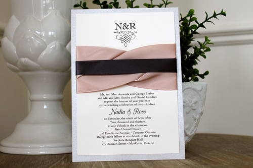 Invitation 1105: Silver Ore, Cream Smooth, Deep Blush Ribbon, Deep Blush Ribbon, Deep Charcoal Ribbon - Silver ore backing invitation with a deep blush and deep charcoal ribbon twist