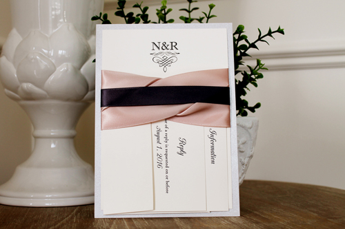 Invitation 1105: Silver Ore, Cream Smooth, Deep Blush Ribbon, Deep Blush Ribbon, Deep Charcoal Ribbon - Silver ore backing invitation with a deep blush and deep charcoal ribbon twist