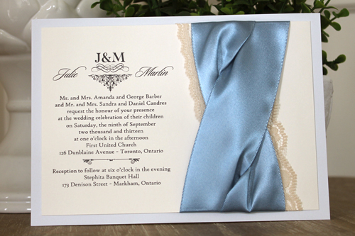 Invitation 1106: Dust Blue, Cream Smooth, Blue Mist Ribbon, Blue Mist Ribbon, Cream Lace - Dust Blue layered invite with a blue mist and lace criss cross twist