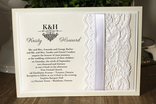 Invitation 1107: White Gold, Antique Pearl, Cream Smooth, White Ribbon, White Lace - Layered white gold card with a white lace and white ribbon stripe