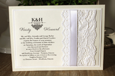 Invitation 1107: White Gold, Antique Pearl, Cream Smooth, White Ribbon, White Lace - Layered white gold card with a white lace and white ribbon stripe