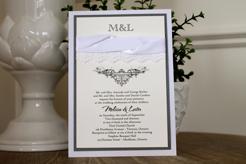 Invitation 1108: Iridescent Pearl, Charcoal Pearl, Cream Smooth, White Ribbon, White Ribbon, White - Thin Lace - Triple layered invite with a iridescent and charcoal layers with a white ribbon and white lace detail