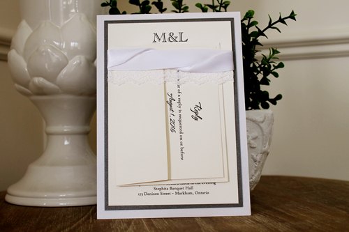 Invitation 1108: Iridescent Pearl, Charcoal Pearl, Cream Smooth, White Ribbon, White Ribbon, White - Thin Lace - Triple layered invite with a iridescent and charcoal layers with a white ribbon and white lace detail