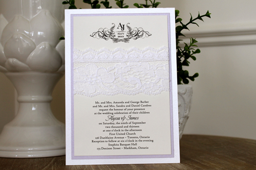 Invitation 1109: Ice Pearl, Orchid Pearl, Cream Smooth, White Lace - Triple layered invite with an ice pearl and orchid pearl backing with a thick white lace detail