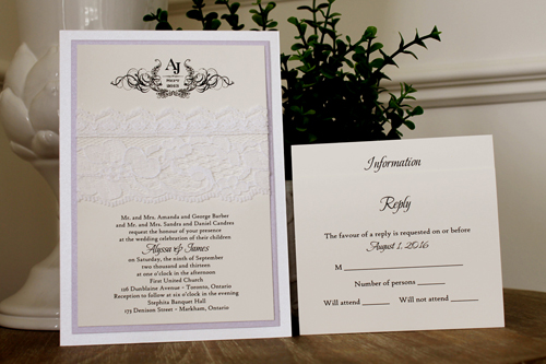 Invitation 1109: Ice Pearl, Orchid Pearl, Cream Smooth, White Lace - Triple layered invite with an ice pearl and orchid pearl backing with a thick white lace detail