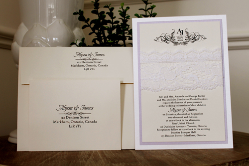Invitation 1109: Ice Pearl, Orchid Pearl, Cream Smooth, White Lace - Triple layered invite with an ice pearl and orchid pearl backing with a thick white lace detail
