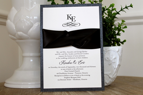 Invitation 1110: Black Pearl, Cream Smooth, Black Ribbon, Black Ribbon - Single layered invite using a black pearl backing and black ribbon detail