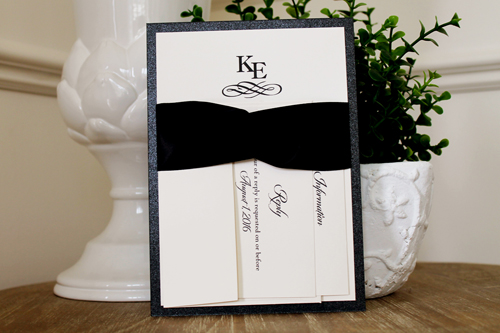 Invitation 1110: Black Pearl, Cream Smooth, Black Ribbon, Black Ribbon - Single layered invite using a black pearl backing and black ribbon detail
