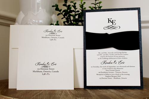 Invitation 1110: Black Pearl, Cream Smooth, Black Ribbon, Black Ribbon - Single layered invite using a black pearl backing and black ribbon detail