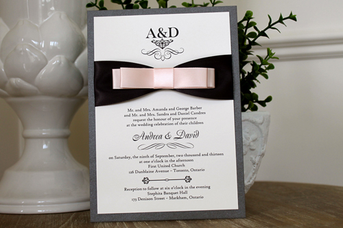 Invitation 1111: Charcoal Pearl, Cream Smooth, Deep Charcoal Ribbon, Petal Pink Ribbon, Petal Pink Ribbon, Petal Pink Ribbon - Charcoal pearl layered invite with a deep charcoal ribbon and loopy petal pink bow