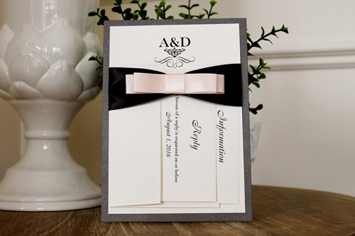 Invitation 1111: Charcoal Pearl, Cream Smooth, Deep Charcoal Ribbon, Petal Pink Ribbon, Petal Pink Ribbon, Petal Pink Ribbon - Charcoal pearl layered invite with a deep charcoal ribbon and loopy petal pink bow