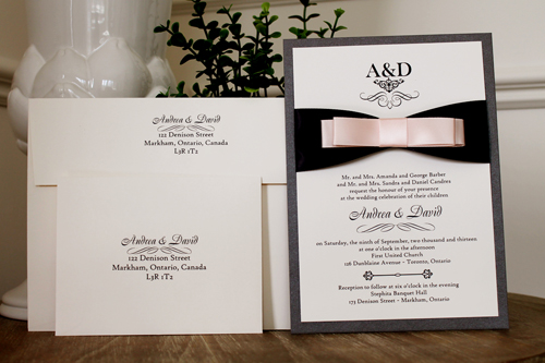 Invitation 1111: Charcoal Pearl, Cream Smooth, Deep Charcoal Ribbon, Petal Pink Ribbon, Petal Pink Ribbon, Petal Pink Ribbon - Charcoal pearl layered invite with a deep charcoal ribbon and loopy petal pink bow