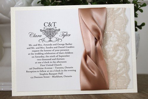 Invitation 1112: White Gold, Cream Smooth, Champagne Ribbon, Champagne Ribbon, Cream Lace - Layered invite using the white gold paper with a cream lace and champagne ribbon twist detail