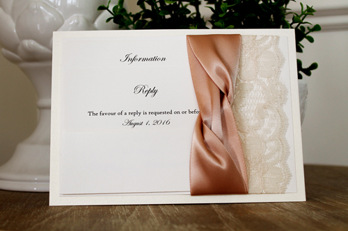 Invitation 1112: White Gold, Cream Smooth, Champagne Ribbon, Champagne Ribbon, Cream Lace - Layered invite using the white gold paper with a cream lace and champagne ribbon twist detail