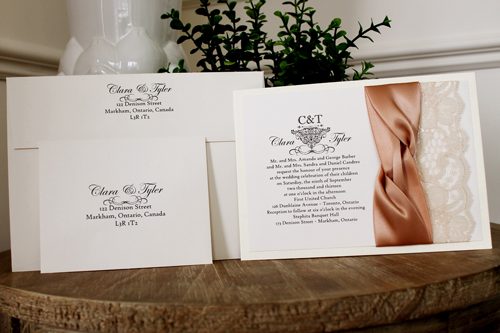 Invitation 1112: White Gold, Cream Smooth, Champagne Ribbon, Champagne Ribbon, Cream Lace - Layered invite using the white gold paper with a cream lace and champagne ribbon twist detail