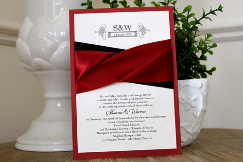 Invitation 1113: Red Lacquer, Cream Smooth, Sherry Ribbon, Sherry Ribbon, Black Ribbon - Red lacquer layered invite with a sherry and black twist ribbon detail