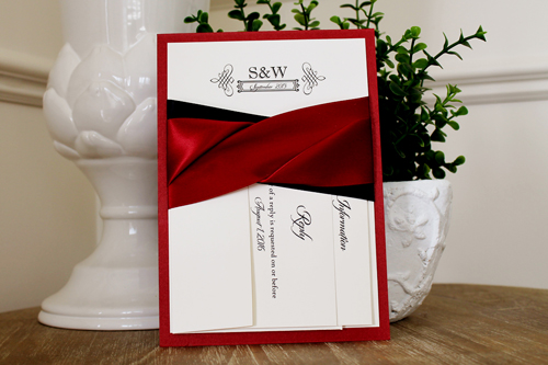 Invitation 1113: Red Lacquer, Cream Smooth, Sherry Ribbon, Sherry Ribbon, Black Ribbon - Red lacquer layered invite with a sherry and black twist ribbon detail