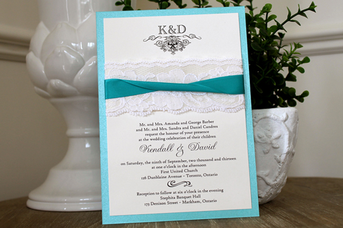 Invitation 1114: Tiffany Pearl, Cream Smooth, Antique Ribbon, Peacock Ribbon, Cream Lace - Tiffany pearl layered invite with a white lace and peacock ribbon detail