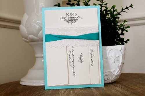 Invitation 1114: Tiffany Pearl, Cream Smooth, Antique Ribbon, Peacock Ribbon, Cream Lace - Tiffany pearl layered invite with a white lace and peacock ribbon detail