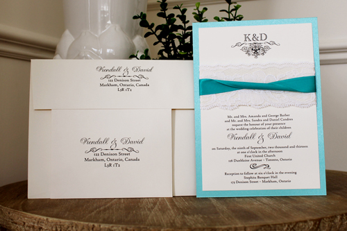 Invitation 1114: Tiffany Pearl, Cream Smooth, Antique Ribbon, Peacock Ribbon, Cream Lace - Tiffany pearl layered invite with a white lace and peacock ribbon detail