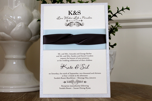 Invitation 1115: Silver Ore, Cream Smooth, Icy Blue Ribbon, Deep Charcoal Ribbon, Deep Charcoal Ribbon - Silver ore layered invite with a icy blue thick and thin deep charcoal ribbon design